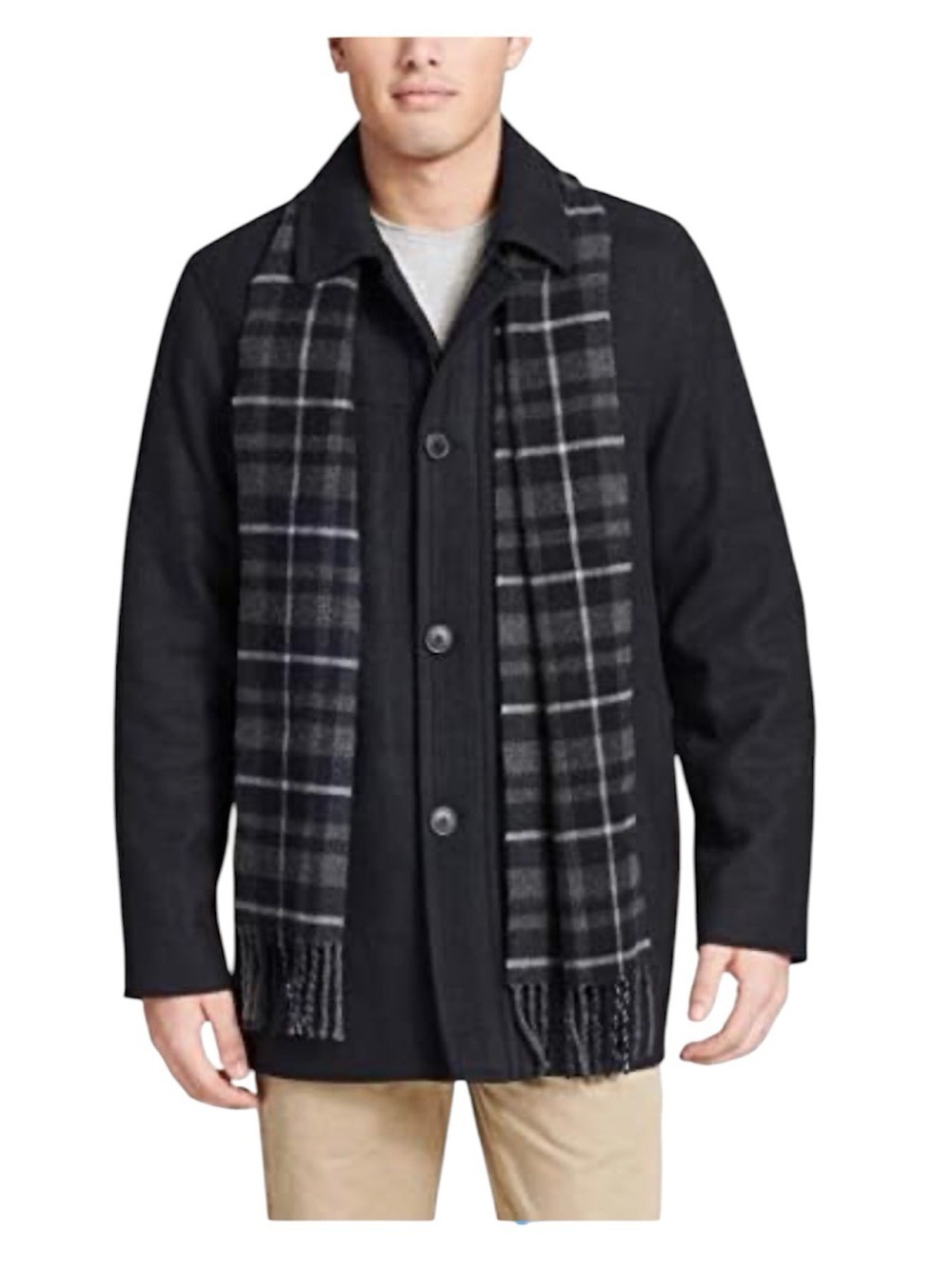 Men's Black Button-Front Wool Blend walking Coat with Grey Plaid Scarf